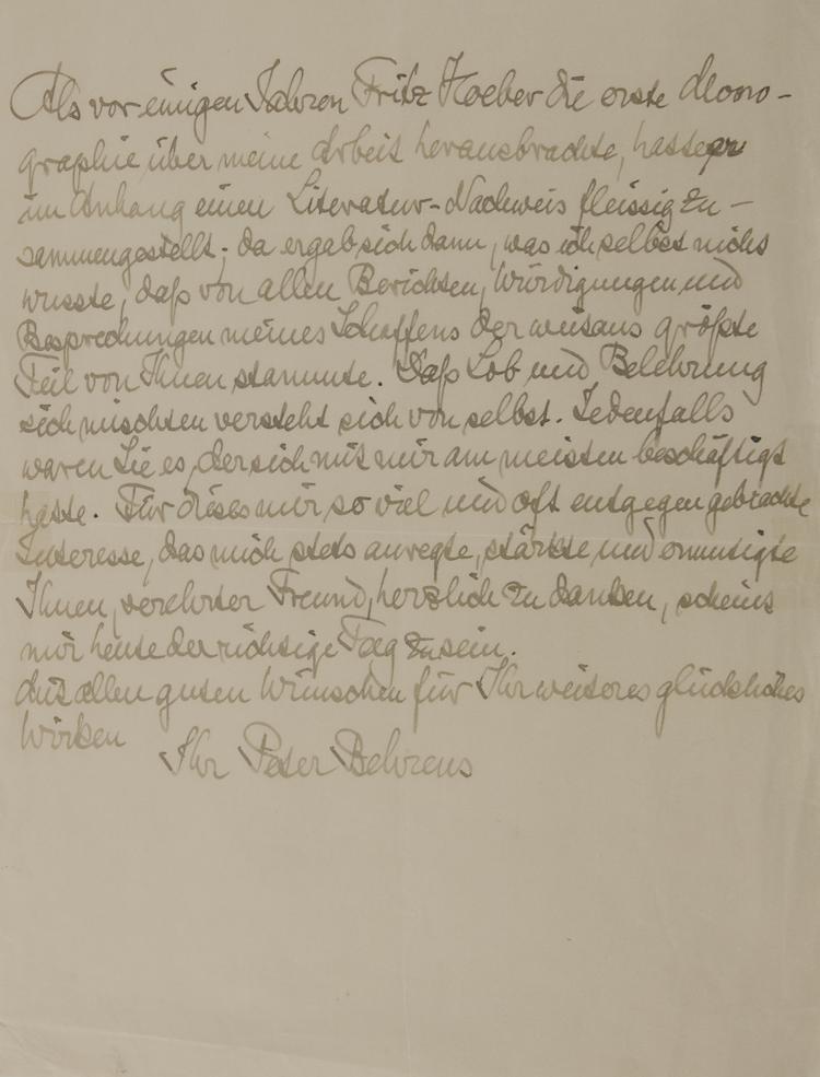 Hauptbild zu Objekt, Pers&ouml;nlicher Brief von Peter Behrens, Peter Behrens, 112A 91