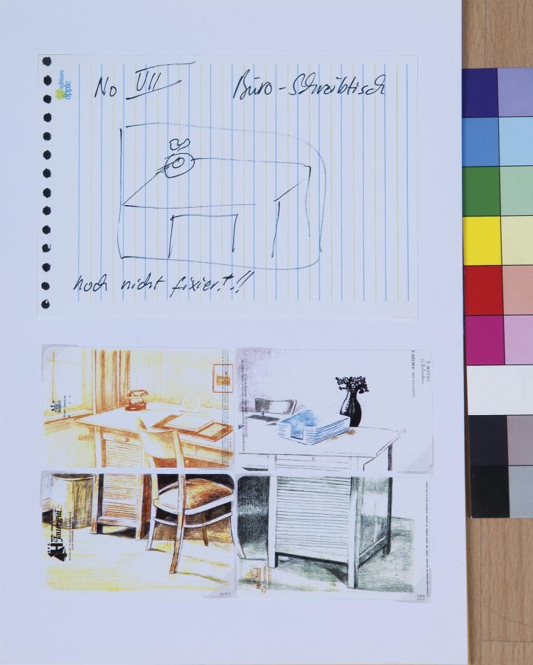 Hauptbild zu Objekt, Collage aus Dummies zu Telefonkarten mit Motiv 'Schreibtisch', 1992, Martin Kippenberger, 118B 108