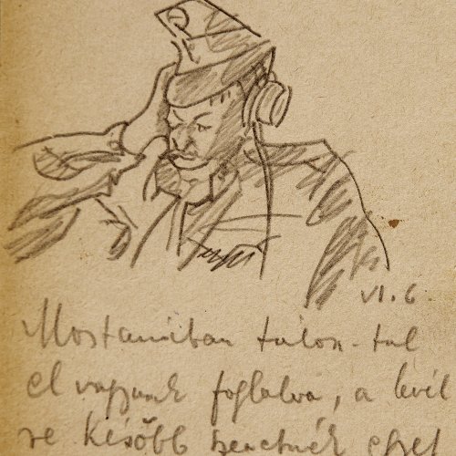 Künstler-Feldpostkarte 'Soldat mit Kopfhörer für Empfänger' an die ungarische Photographin Ergy Landau, 1914-1917