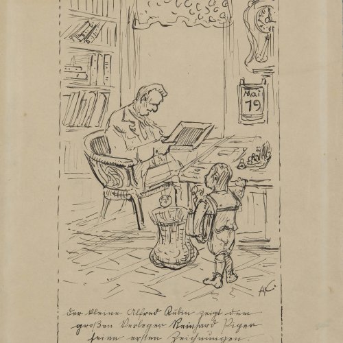 'Der kleine Alfred Kubin zeigt dem großen Verleger Reinhard Piper seine ersten Zeichnungen', 1930er Jahre