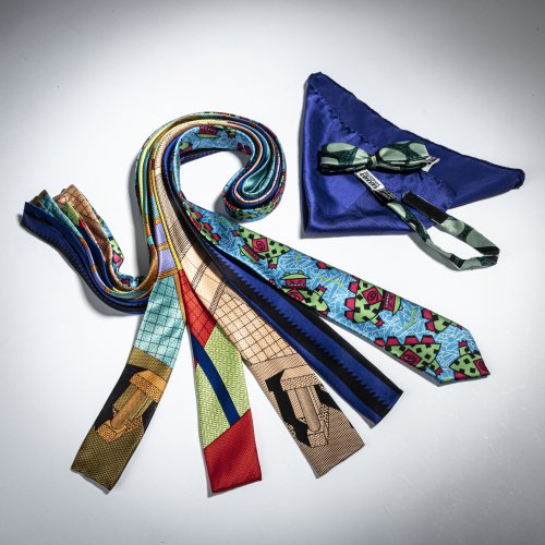 Set of 5 ties, a bow tie and a scarf, 1980s