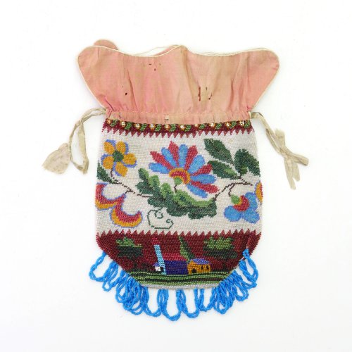 Pouch with stylised flowers and landscape with houses, mid-19th century.