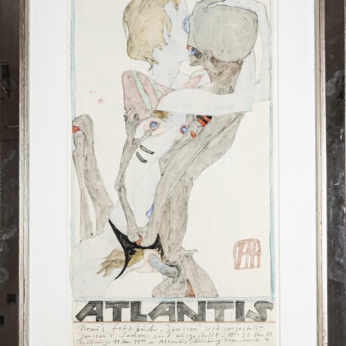 Exhibition poster 'Atlantis' depicting 'Junge Frau beim Liebesspiel mit dem Tod', 1984