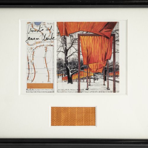 Postkarte und Stoffmuster von 'The Gates, Project for Central Park, New York City, 2005', 2004