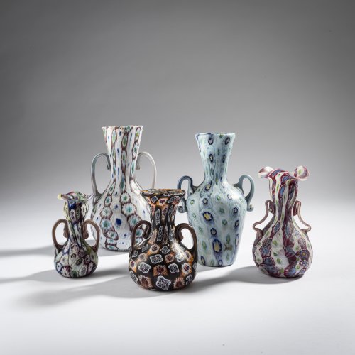 5  'Murrine' vases with handle, c. 1905