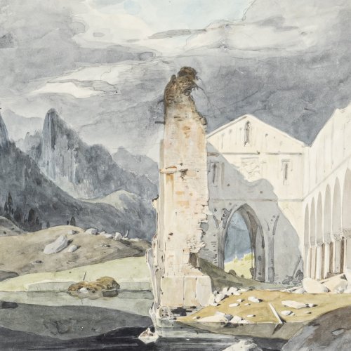Church ruin in front of a mountain scenery, c. 1830
