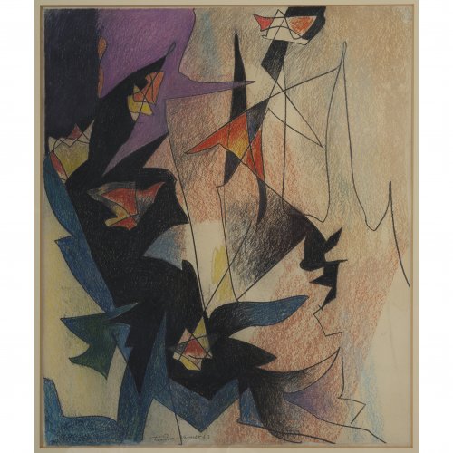 Komposition mit spritzigen, farbigen Formen, 1963