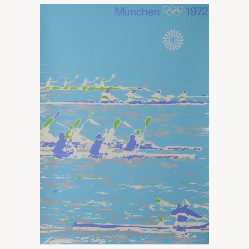 Zwei Testdrucke Olympische Spiele München: Kanurennsport hellblau und Kanurennsport weiß, um 1970