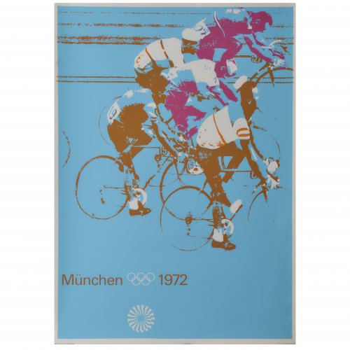Fünf Testdrucke Olympische Spiele München: Radsport Straße hellblau/Radsport Straße gelb/Radsport Straße gelb-pink/Radsport Straße hellblau-grün/Radsport Straße hellblau-weiß, um 1970