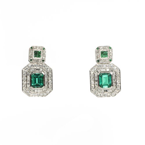 Paar Smaragd und Diamant Ohrstecker