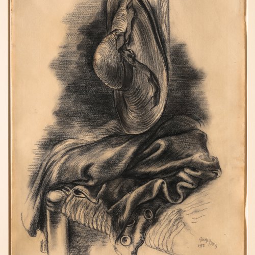 George Grosz. Stillleben mit Strohhut. 1937. Kohlezeichnung auf Papier