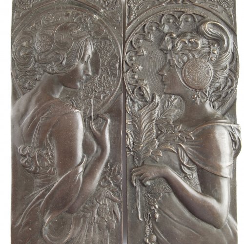 Two bronze reliefs, 'Primrose' and 'Feather', 1899