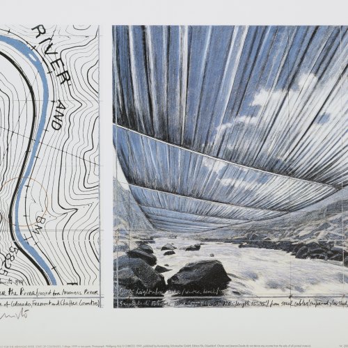 'Over the River, Projekt für den Arkansas River, Colorado (Blick von oben)' und 'Over the River, Projekt für den Arkansas River, Colorado (Blick von unten)', 1993