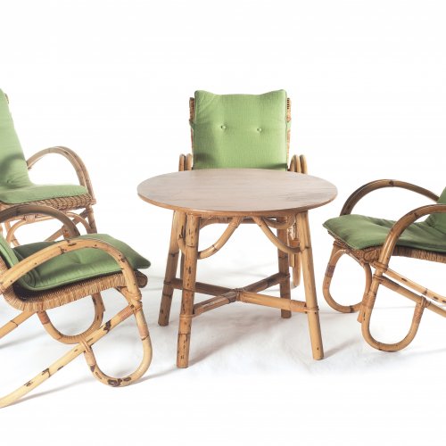 Four wicker chairs, one table, 1950s