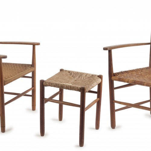 Two armchairs, one stool, c1920