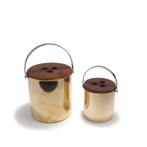 Two 'Cylinda Line Brass' ice buckets with ice cube tongs, 1967