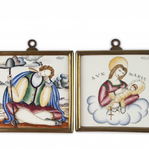 Two decorative tiles, 'Ave Maria' and 'Il Pellegrino Stanco', c1926