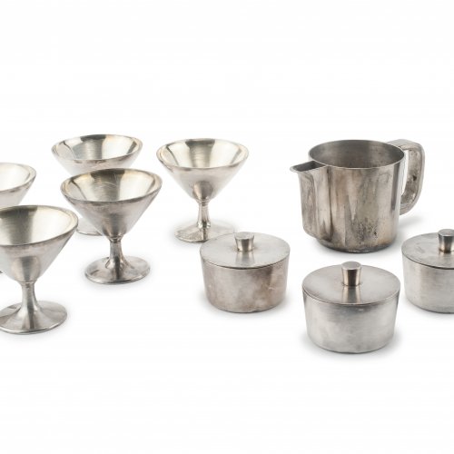 Hotel silver; two pots, three covered pans, five dessert bowls, c1936