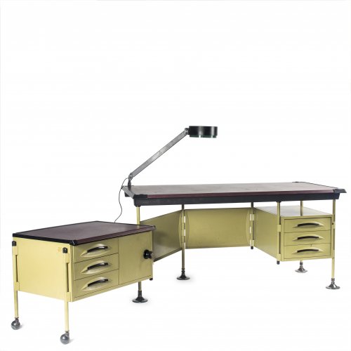 Schreibtisch mit Schreibmaschinentisch 'Spazio' und Steckleuchte 'Spazio', 1959