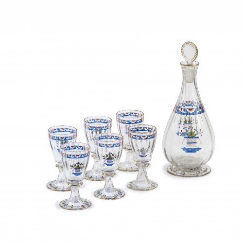 Liquor set, carafe and six glasses, c1900