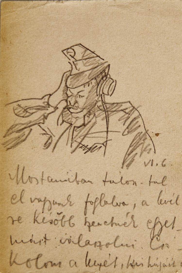 Hauptbild zu Objekt, K&uuml;nstler-Feldpostkarte 'Soldat mit Kopfh&ouml;rer f&uuml;r Empf&auml;nger' an die ungarische Photographin Ergy Landau, 1914-1917, 145C 505