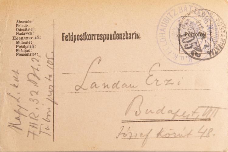 Bild 1 zu Objekt, K&uuml;nstler-Feldpostkarte 'Soldat mit Kopfh&ouml;rer f&uuml;r Empf&auml;nger' an die ungarische Photographin Ergy Landau, 1914-1917, 145C 505