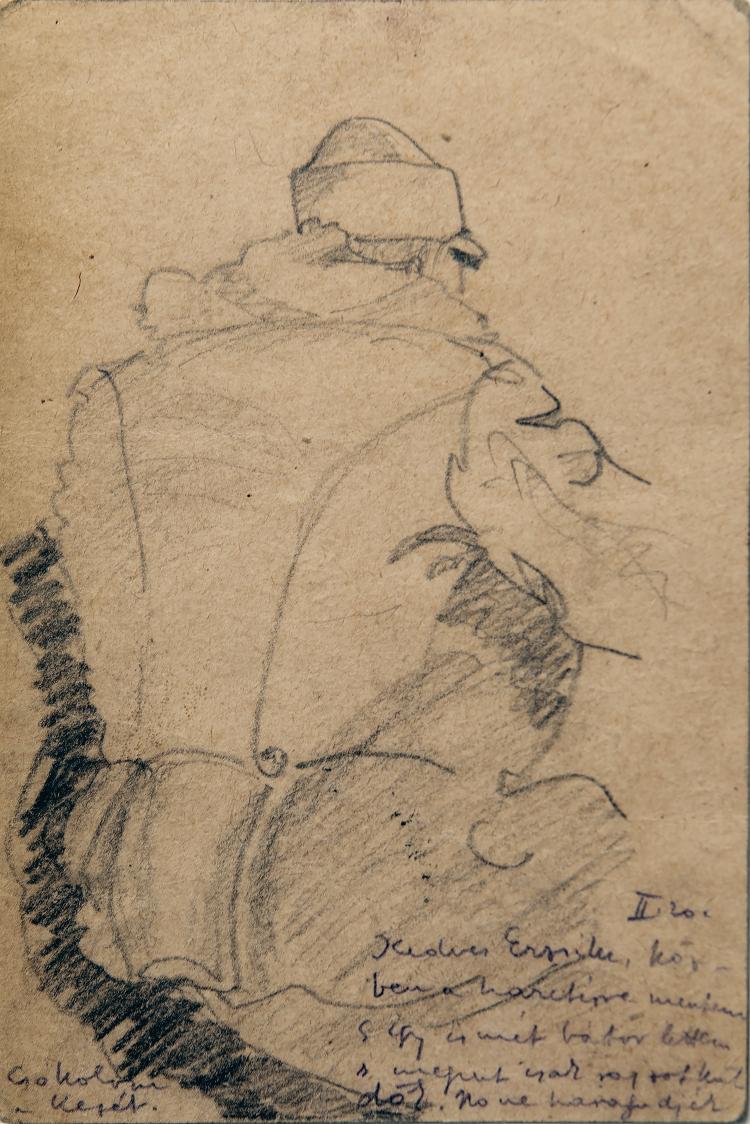 Hauptbild zu Objekt, K&uuml;nstler-Feldpostkarte 'Soldat im Mantel (als Repoussoir-Figur)' an die ungarische Photographin Ergy Landau, 1914-1917, 145C 506