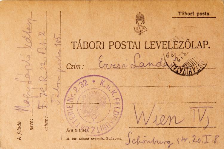 Bild 1 zu Objekt, K&uuml;nstler-Feldpostkarte 'Soldat im Mantel (als Repoussoir-Figur)' an die ungarische Photographin Ergy Landau, 1914-1917, 145C 506