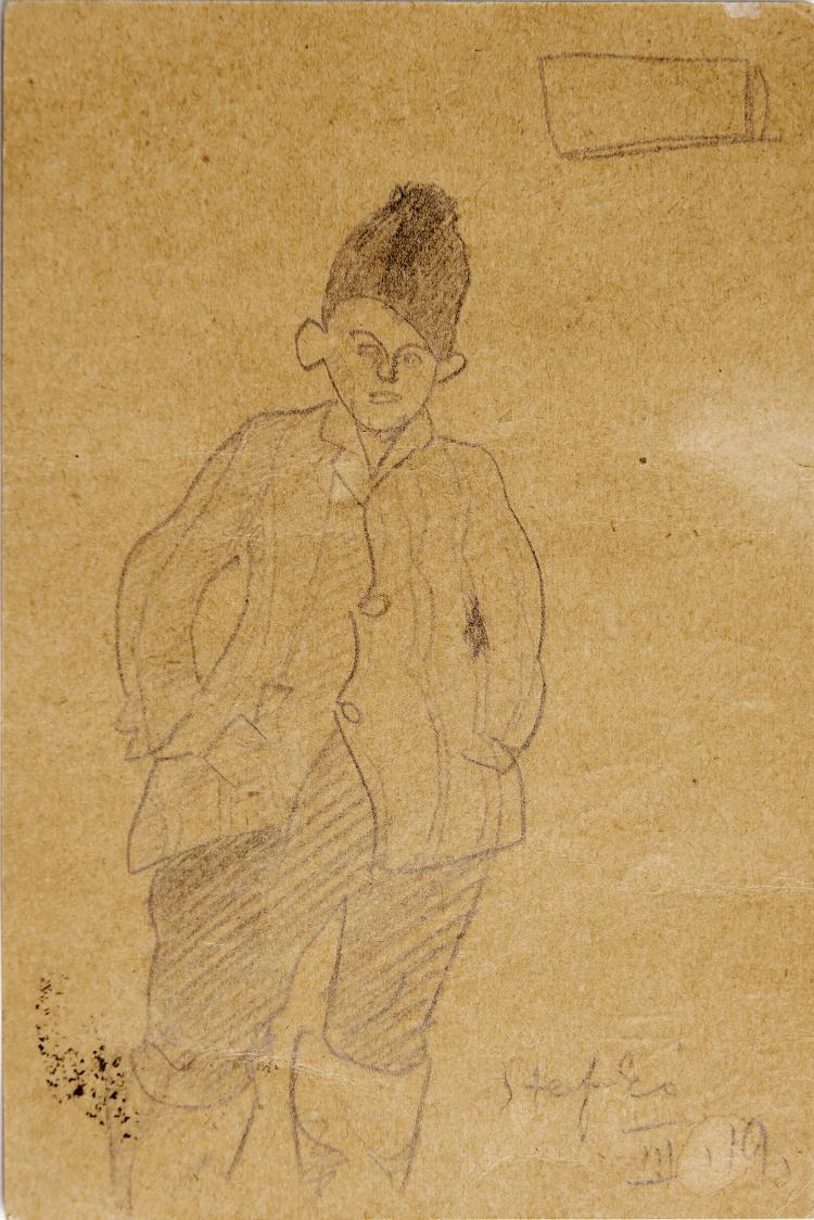 Hauptbild zu Objekt, K&uuml;nstler-Feldpostkarte 'Bildnis eines jungen Mannes (Akos Nagy?)' an die ungarische Photographin Ergy Landau, 1914-1917, 145C 507