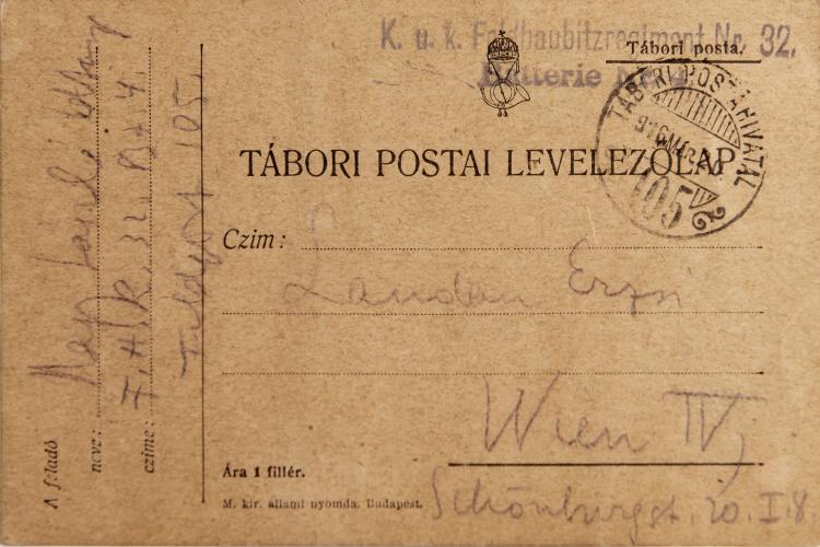 Bild 1 zu Objekt, K&uuml;nstler-Feldpostkarte 'Bildnis eines jungen Mannes (Akos Nagy?)' an die ungarische Photographin Ergy Landau, 1914-1917, 145C 507