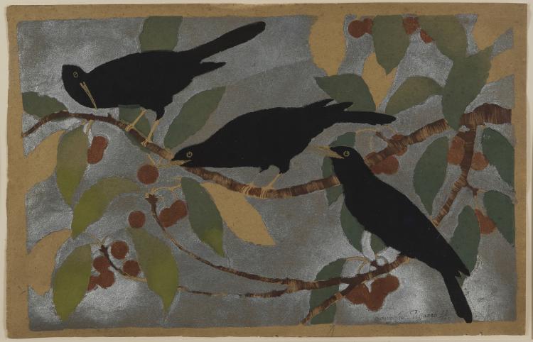 Hauptbild zu Objekt, Ohne Titel (Drei Amseln auf &Auml;sten), 1940/1950er Jahre, 147B 607