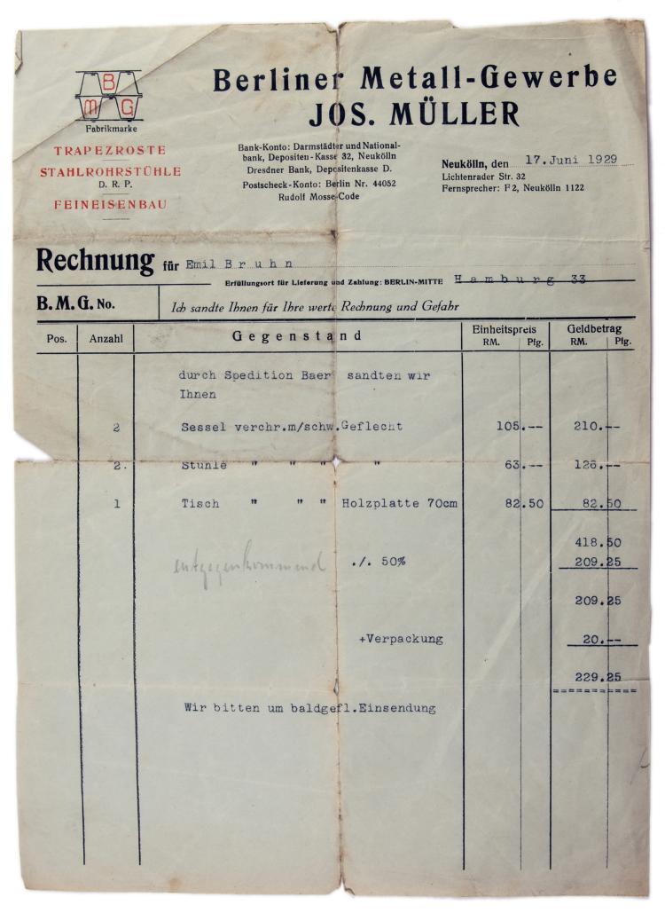 Bild 34 zu Objekt, Zwei Armlehnst&uuml;hle 'MR 20', zwei St&uuml;hle 'MR 10', ein Tisch 'MR 140', 1927, Berliner Metall-Gewerbe Jos. M&uuml;ller, Berlin, 148A 122