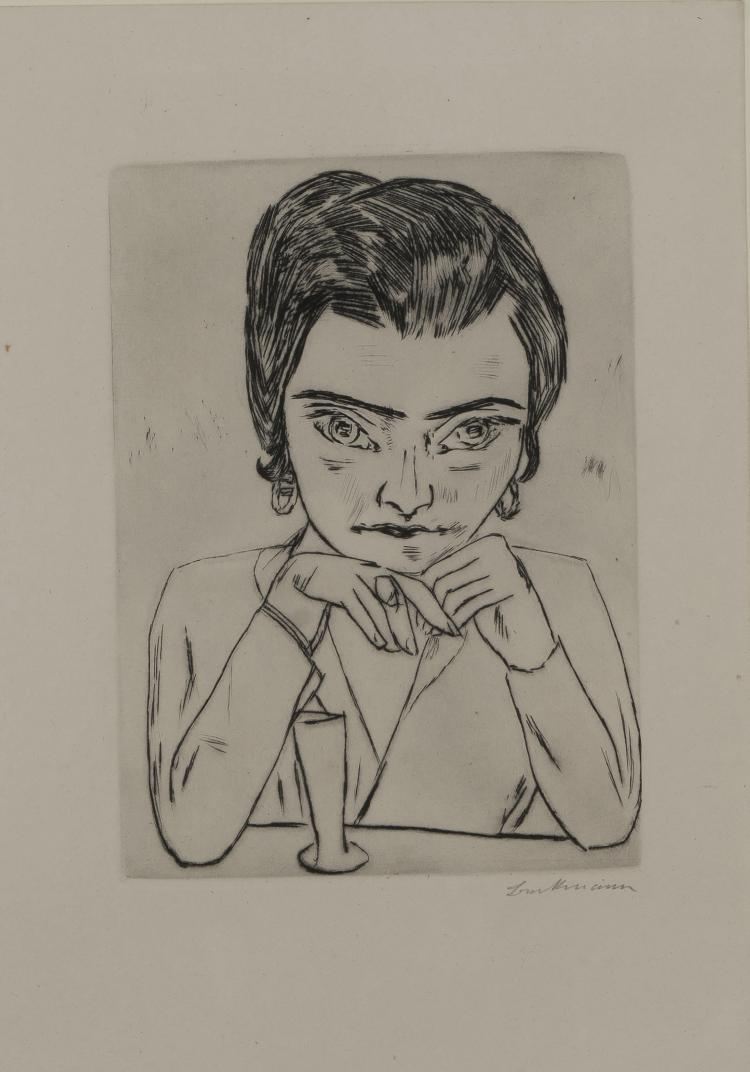 Bild 1 zu Objekt, 'Bildnis Naila mit aufgest&uuml;tzten Armen und Glas', 1923, Max Beckmann, Verlegt von Reinhard Piper & Co, M&uuml;nchen; gedruckt bei Franz Hanfstaengl, M&uuml;nchen., 151C 611