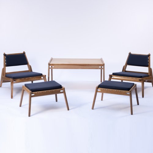 Two armchairs, two stools, a coffee table, c. 1958