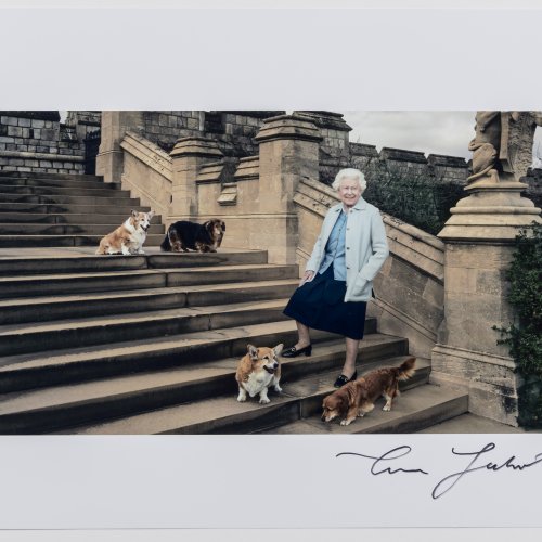 'Queen Elizabeth II on the steps of the East Terrace at Windsor Castle with corgi Willow, dorgi Vulcan, corgi Holly, and dorgi Candy, in April', 2016