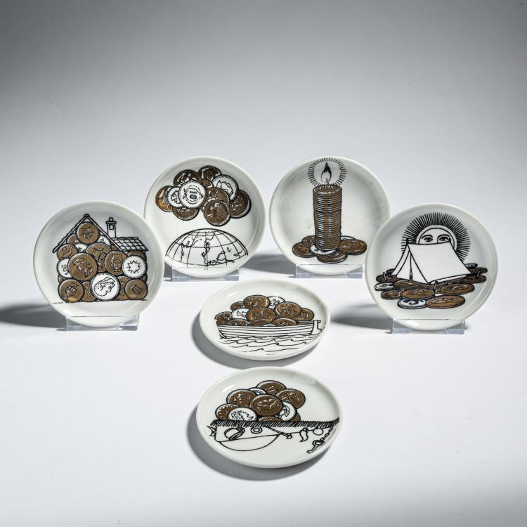 Hauptbild zu Objekt, Set of six coasters 'Banca Unione', 1970s, Piero Fornasetti, Fornasetti, Mailand, 152A 228