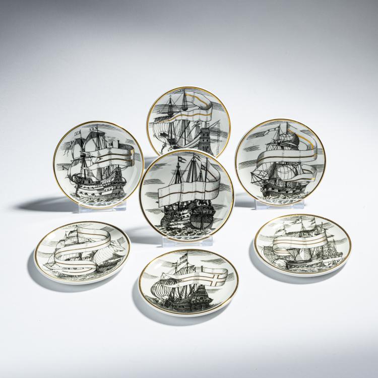 Hauptbild zu Objekt, Set of seven coaster 'Velieri', 1960s, Piero Fornasetti, Fornasetti, Mailand, 152A 217