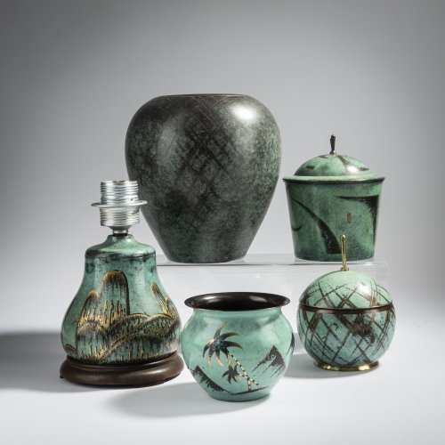 Set of 2 'Ikora' lidded boxes, 2 vase and a table light, 1930-1933
