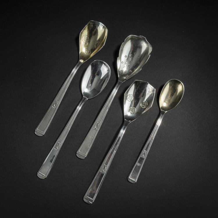 Hauptbild zu Objekt, 5 Vorlegel&ouml;ffel '2000', 1901, Joseph Maria Olbrich, Clarfeld & Springmeyer, Hemer; Ludwig Ziech, Vereinigte Silberbesteck-Fabrik, Hamburg, 153C 628