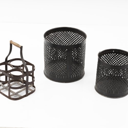 Two wastepaper baskets and bottle holder, 1920s