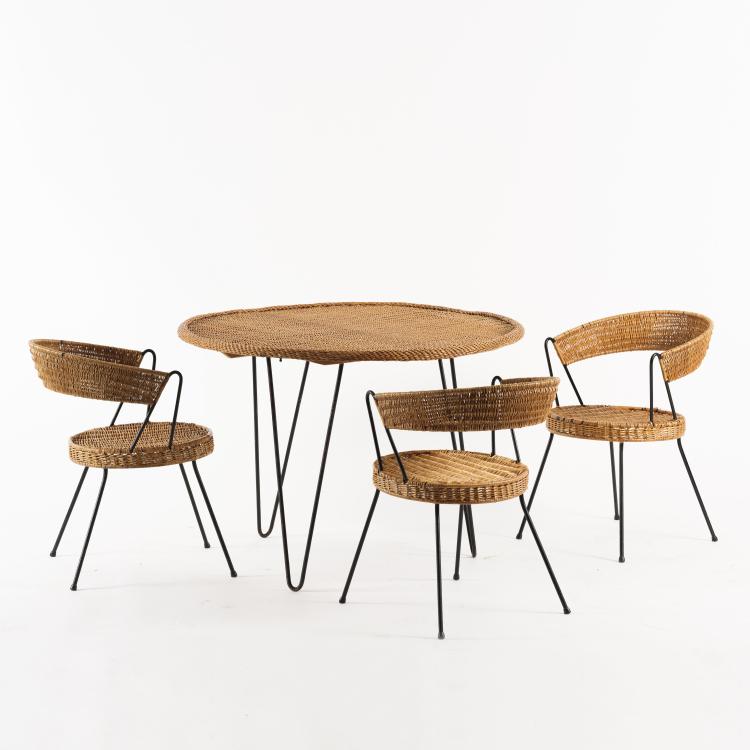 Hauptbild zu Objekt, Korbtisch mit drei St&uuml;hlen, um 1950, NKs Verkst&auml;der, Nyk&ouml;ping (zugeschrieben), 155B 402