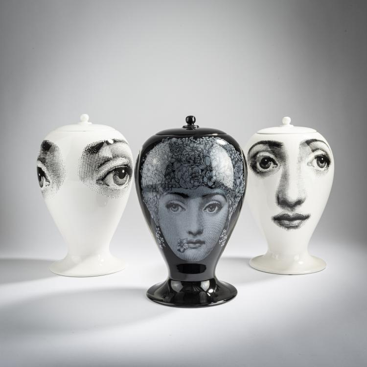Hauptbild zu Objekt, Drei Deckelvasen 'Tema E Variazioni', 2000er Jahre, Barnaba Fornasetti,Piero Fornasetti, Bitossi, Montelupo, 155A 224