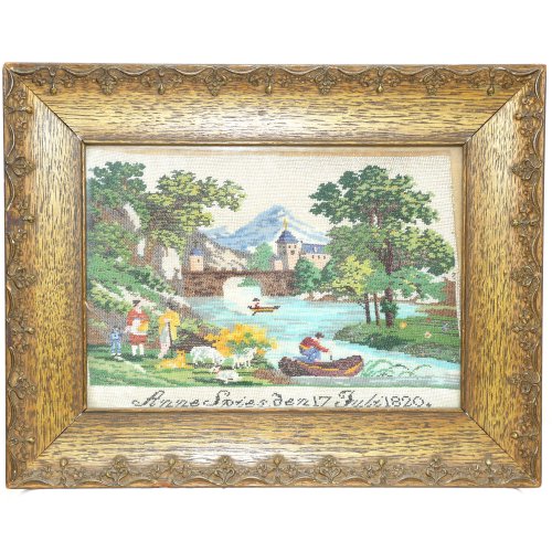 Beaded painting with river landscape, 1820