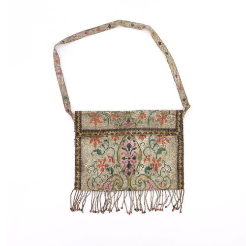 Steel bead flap pouch with stylized flowers, c. 1910