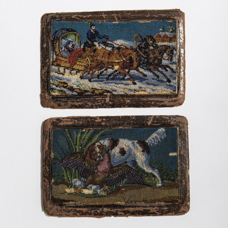 Hauptbild zu Objekt, Zwei Perlbilder mit Pferdekutsche und Jagdhund mit Fasan, 19. Jh., 157F 1464