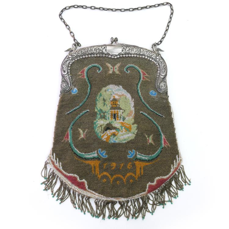 Hauptbild zu Objekt, B&uuml;geltasche mit Schiff und Haus, um 1900, 159D 817