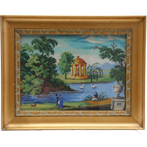 Beaded painting with river landscape, 1873-1875