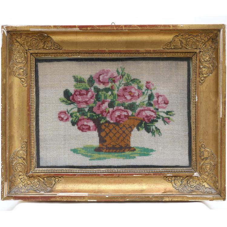 Hauptbild zu Objekt, Beaded painting with roses in a basket, 2nd half of the 19th century, 159D 964
