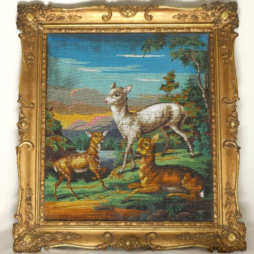 Beaded painting with deer and fawn, 2nd half of the 19th century