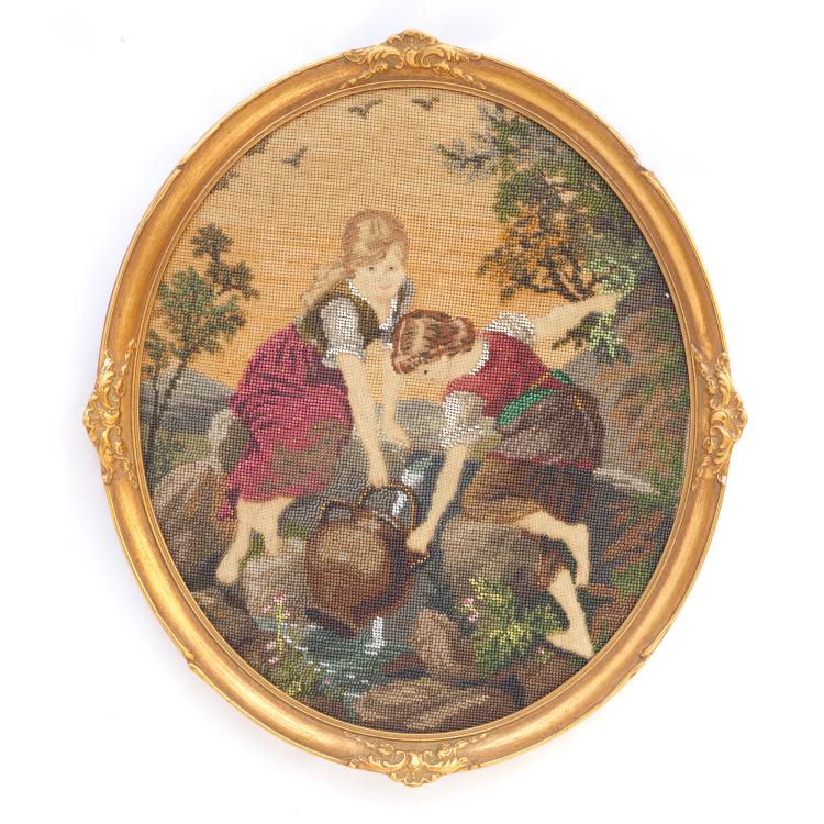 Hauptbild zu Objekt, Beaded painting with girls by the river, 2nd half of the 19th century., 159D 969